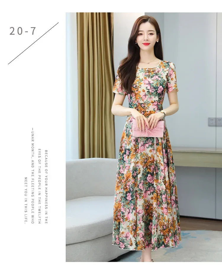 Fashionable Stylish 2023 Summer Short Sleeve Fragmented Flower Dress Women's Round Neck Waist-fitted Slimming Long Skirt