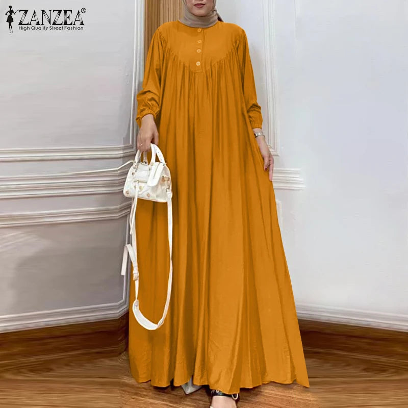FZANZEA ashion Women Long Sleeve Muslim Maxi Long Dress Autumn Dubai Turkey Abaya Hijab Sundress Islamic Clothing
