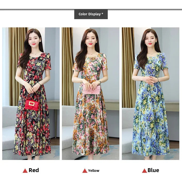 Fashionable Stylish 2023 Summer Short Sleeve Fragmented Flower Dress Women's Round Neck Waist-fitted Slimming Long Skirt