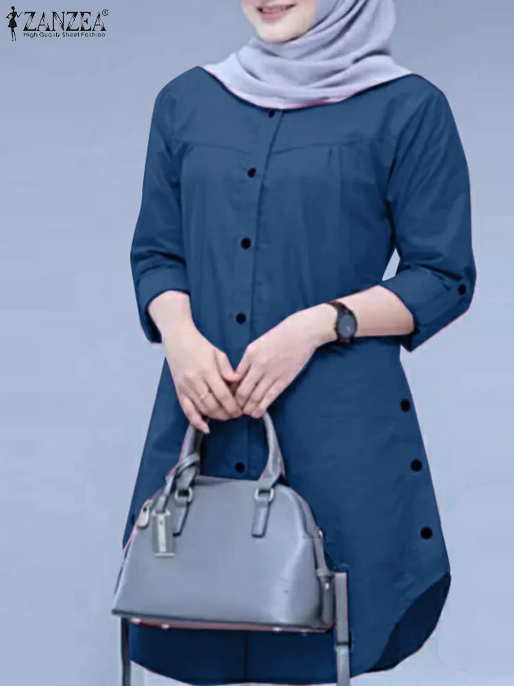2026 ZANZEA Autumn Shirt Fashion Women O Neck Long Sleeve Tops Muslim Hijab Blouse Elegant Abaya Turkey Kaftan Isamic Clothing