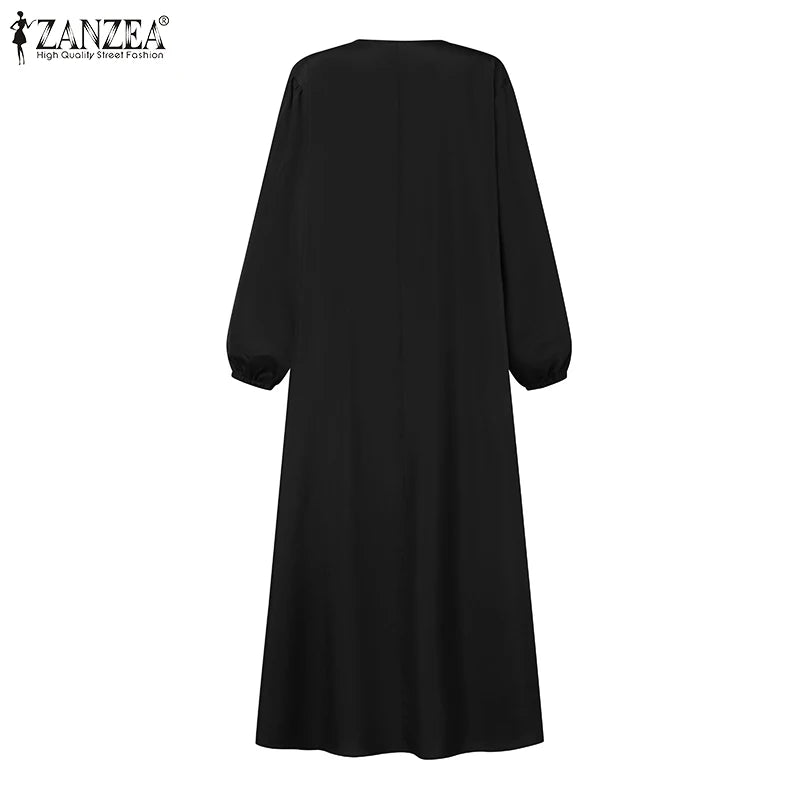 FZANZEA ashion Women Long Sleeve Muslim Maxi Long Dress Autumn Dubai Turkey Abaya Hijab Sundress Islamic Clothing