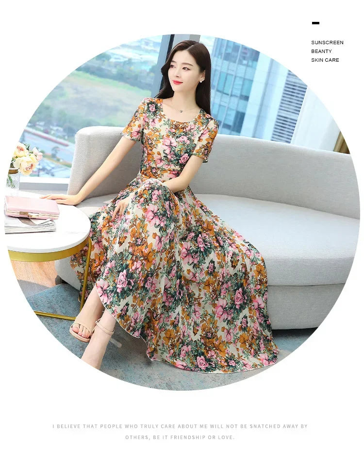 Fashionable Stylish 2023 Summer Short Sleeve Fragmented Flower Dress Women's Round Neck Waist-fitted Slimming Long Skirt