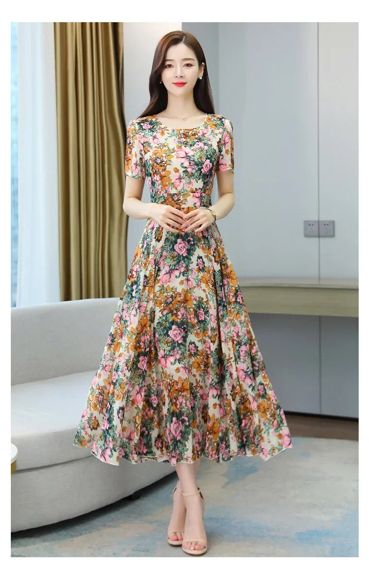 Fashionable Stylish 2023 Summer Short Sleeve Fragmented Flower Dress Women's Round Neck Waist-fitted Slimming Long Skirt