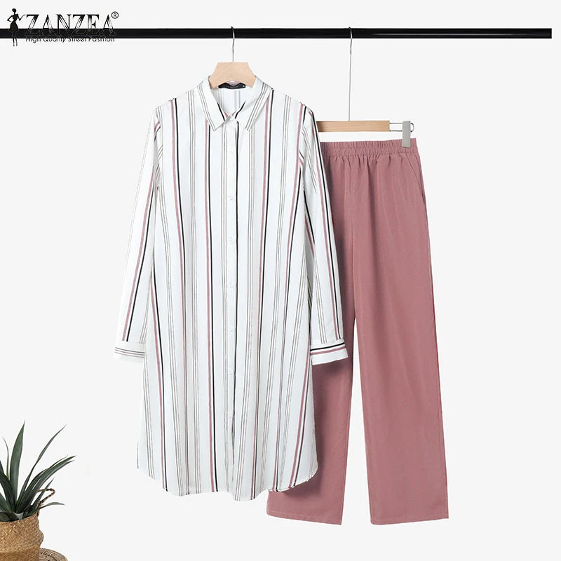 2026 ZANZEA Women Striped Elegant Sets Autumn Two-piece Suits Outfits Casual Lapel Neck Long Shirts Elastic Waist Pants Sets
