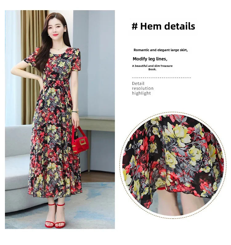 Fashionable Stylish 2023 Summer Short Sleeve Fragmented Flower Dress Women's Round Neck Waist-fitted Slimming Long Skirt