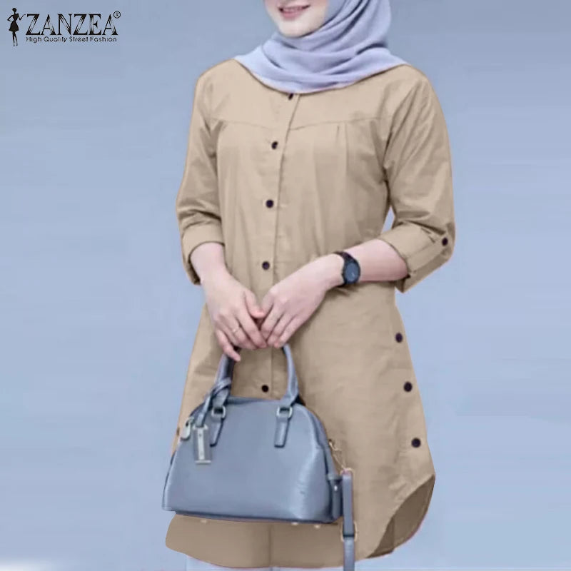 2026 ZANZEA Autumn Shirt Fashion Women O Neck Long Sleeve Tops Muslim Hijab Blouse Elegant Abaya Turkey Kaftan Isamic Clothing