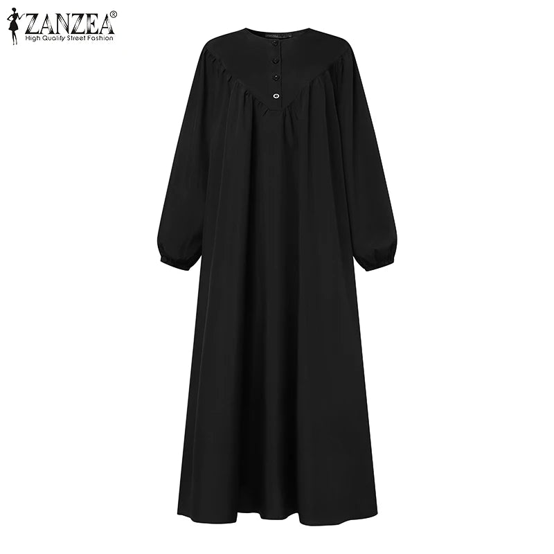 FZANZEA ashion Women Long Sleeve Muslim Maxi Long Dress Autumn Dubai Turkey Abaya Hijab Sundress Islamic Clothing