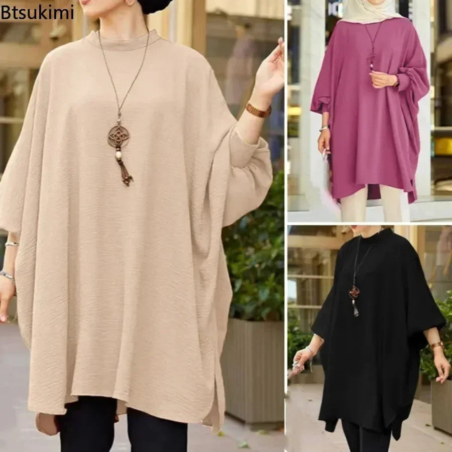 2026 Women's Muslim Blouses Elegant Solid Loose Casual O-neck Lantern Sleeve Pullover Tunic Tops Ramadan Abayas Blusas Mujer New