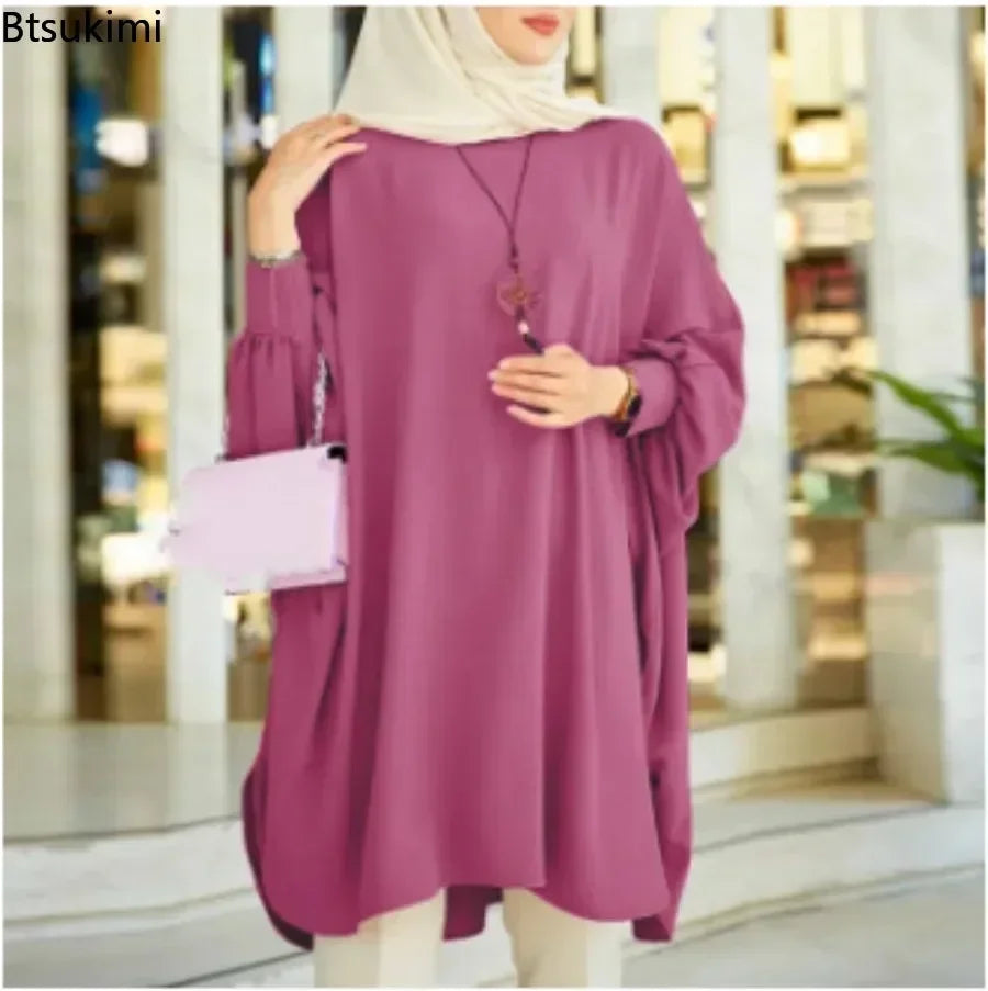 2026 Women's Muslim Blouses Elegant Solid Loose Casual O-neck Lantern Sleeve Pullover Tunic Tops Ramadan Abayas Blusas Mujer New