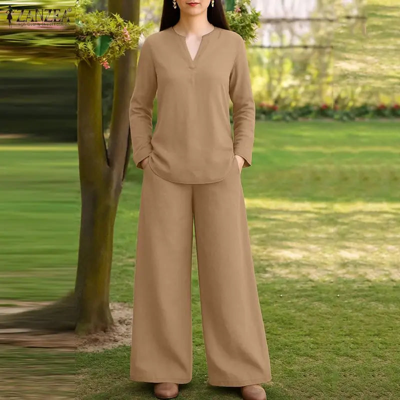 2026 Fashion Autumn Outfit Women 2 Piece Sets ZANZEA Casual V Neck Long Sleeve Tops Pant Suit