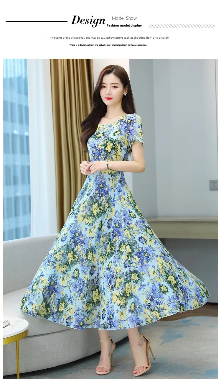 Fashionable Stylish 2023 Summer Short Sleeve Fragmented Flower Dress Women's Round Neck Waist-fitted Slimming Long Skirt