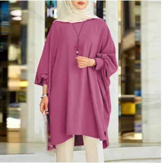 2026 Women's Muslim Blouses Elegant Solid Loose Casual O-neck Lantern Sleeve Pullover Tunic Tops Ramadan Abayas Blusas Mujer New