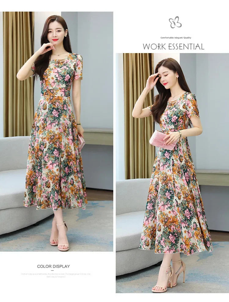 Fashionable Stylish 2023 Summer Short Sleeve Fragmented Flower Dress Women's Round Neck Waist-fitted Slimming Long Skirt