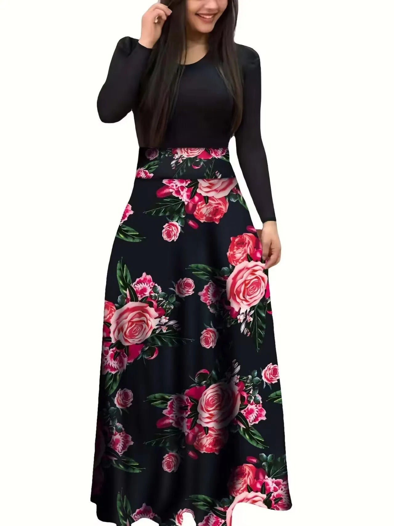 Autumn hot selling European and American flower color matching dresses, long dresses,
