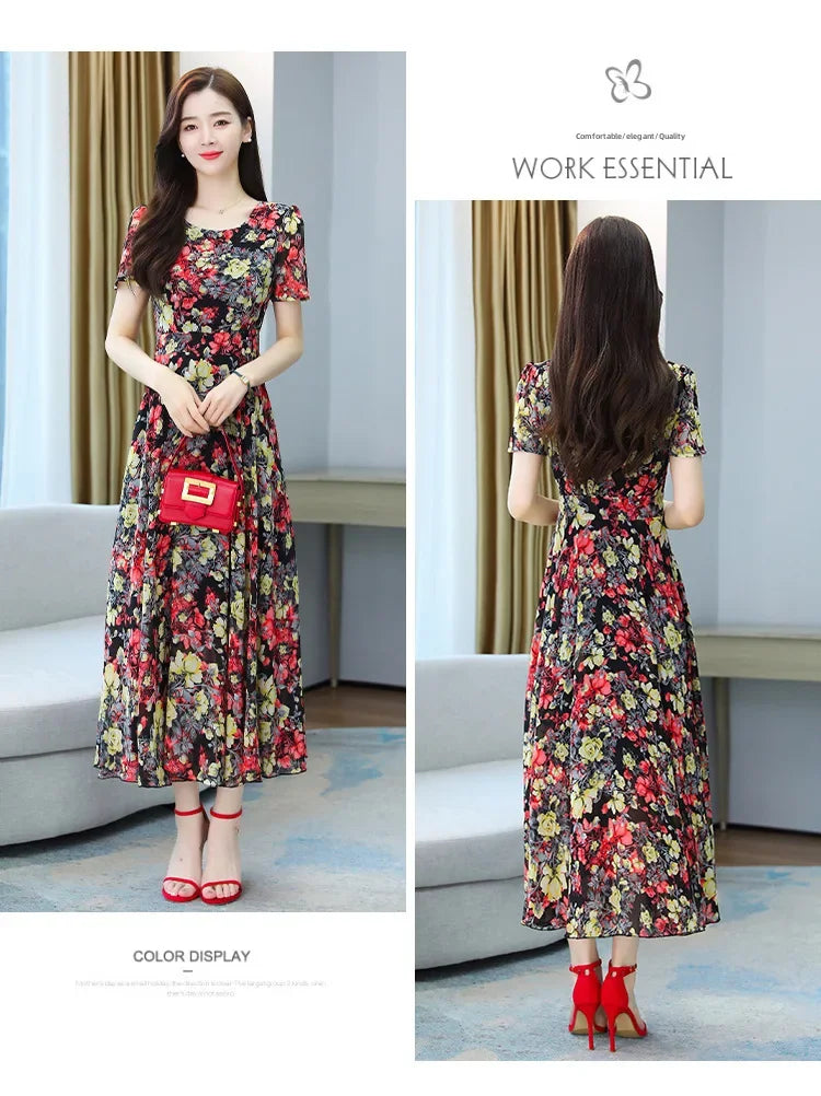 Fashionable Stylish 2023 Summer Short Sleeve Fragmented Flower Dress Women's Round Neck Waist-fitted Slimming Long Skirt
