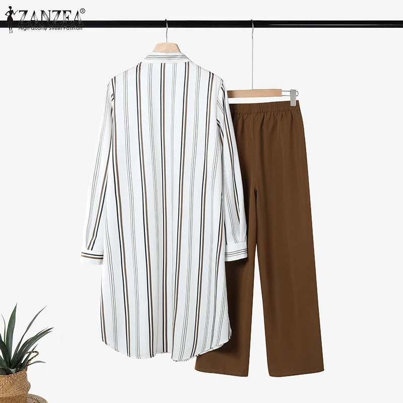 2026 ZANZEA Women Striped Elegant Sets Autumn Two-piece Suits Outfits Casual Lapel Neck Long Shirts Elastic Waist Pants Sets