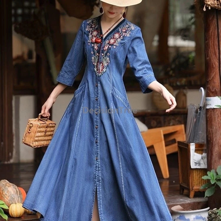 2026 autumn national style embroideried v-neck dress temperament slim fitting denim dress elegant exquisite chinese retro robe