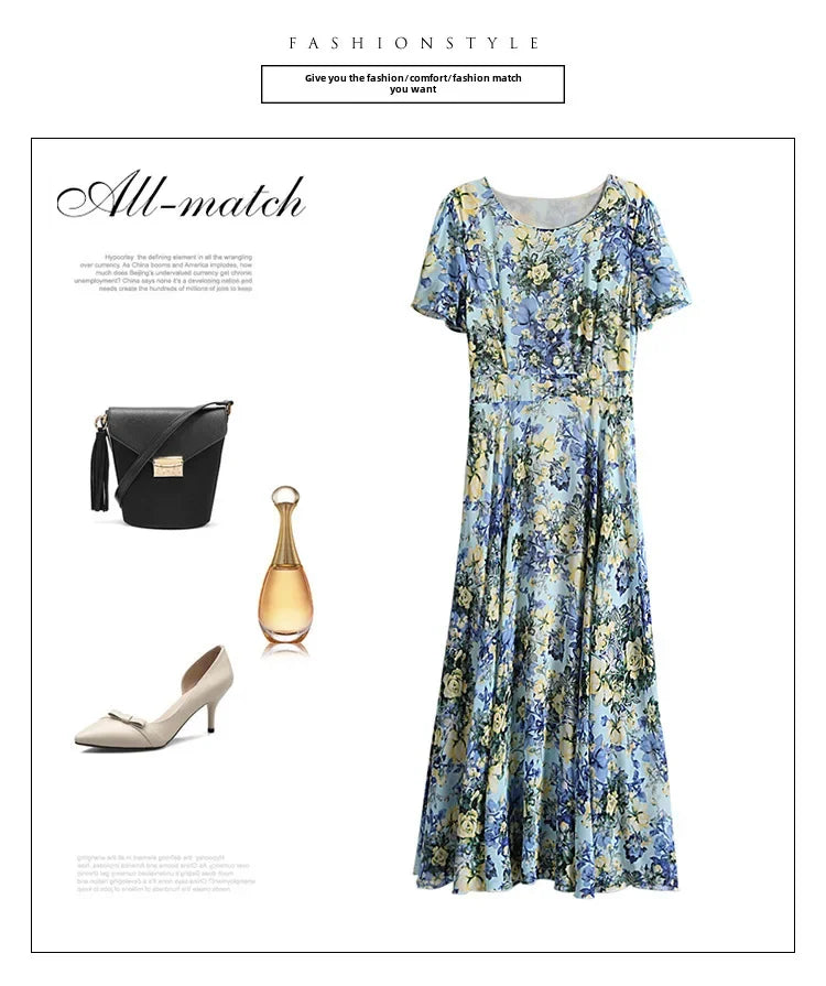 Fashionable Stylish 2023 Summer Short Sleeve Fragmented Flower Dress Women's Round Neck Waist-fitted Slimming Long Skirt