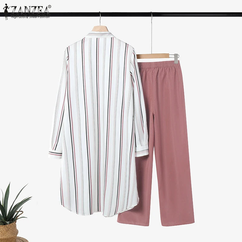 2026 ZANZEA Women Striped Elegant Sets Autumn Two-piece Suits Outfits Casual Lapel Neck Long Shirts Elastic Waist Pants Sets