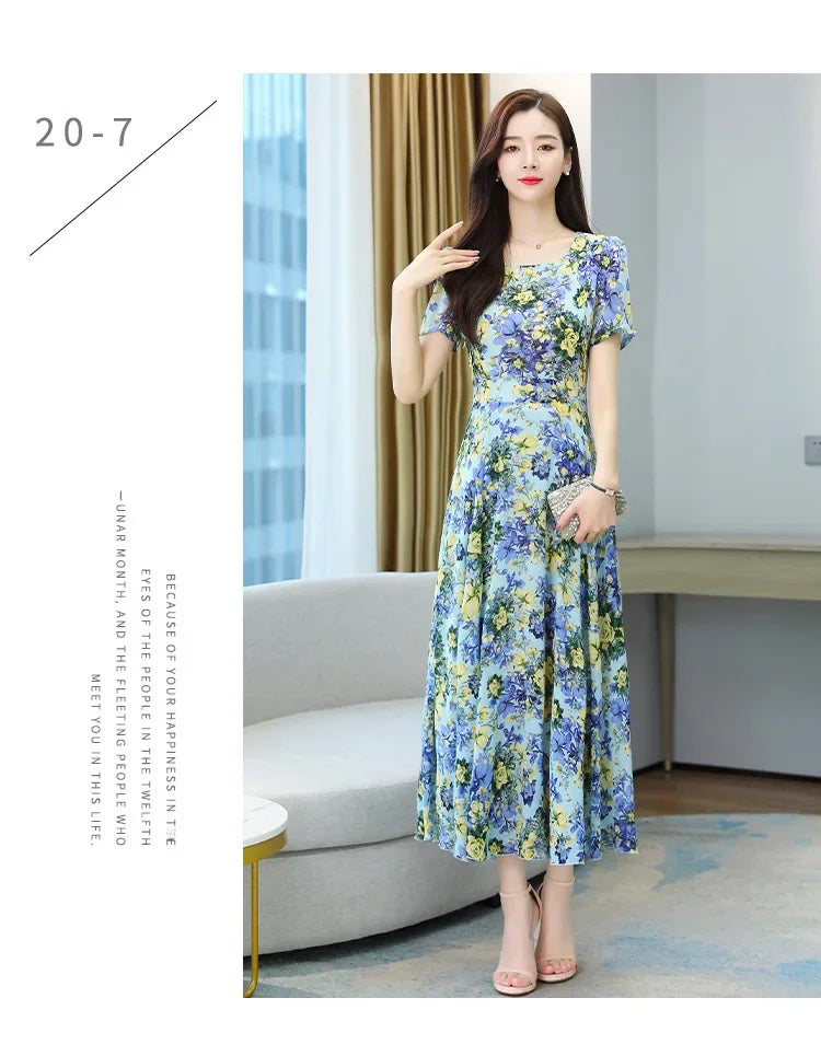 Fashionable Stylish 2023 Summer Short Sleeve Fragmented Flower Dress Women's Round Neck Waist-fitted Slimming Long Skirt