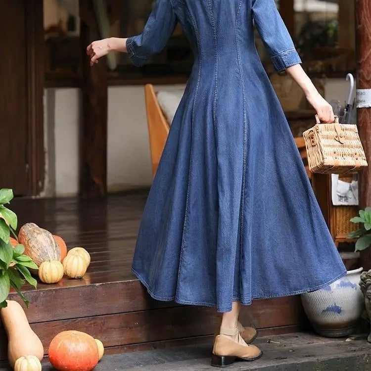 2026 autumn national style embroideried v-neck dress temperament slim fitting denim dress elegant exquisite chinese retro robe