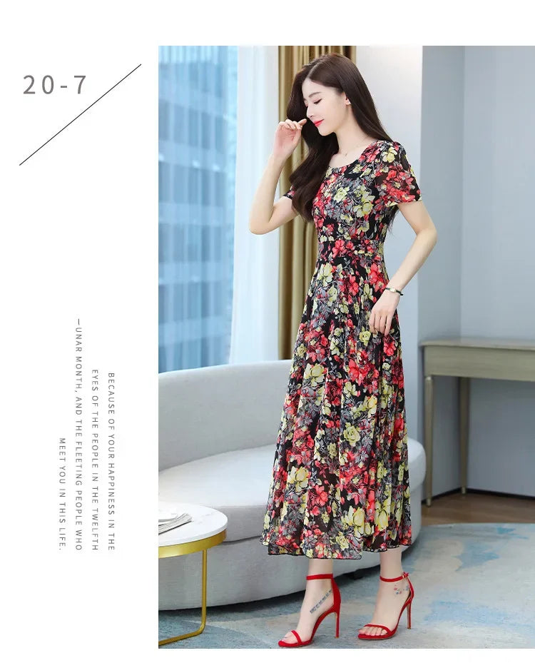 Fashionable Stylish 2023 Summer Short Sleeve Fragmented Flower Dress Women's Round Neck Waist-fitted Slimming Long Skirt