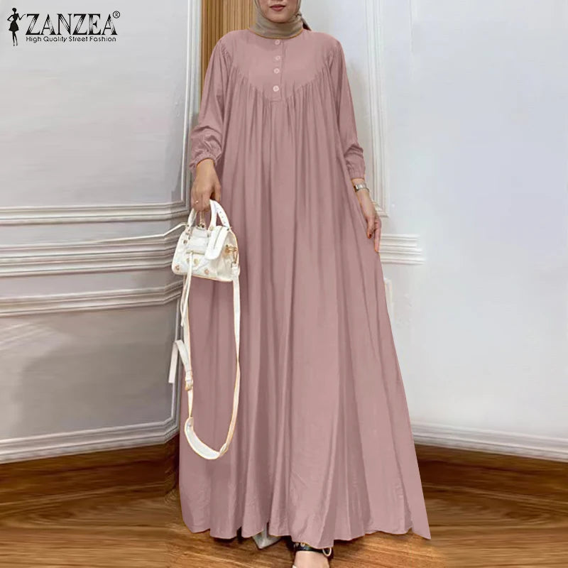 FZANZEA ashion Women Long Sleeve Muslim Maxi Long Dress Autumn Dubai Turkey Abaya Hijab Sundress Islamic Clothing