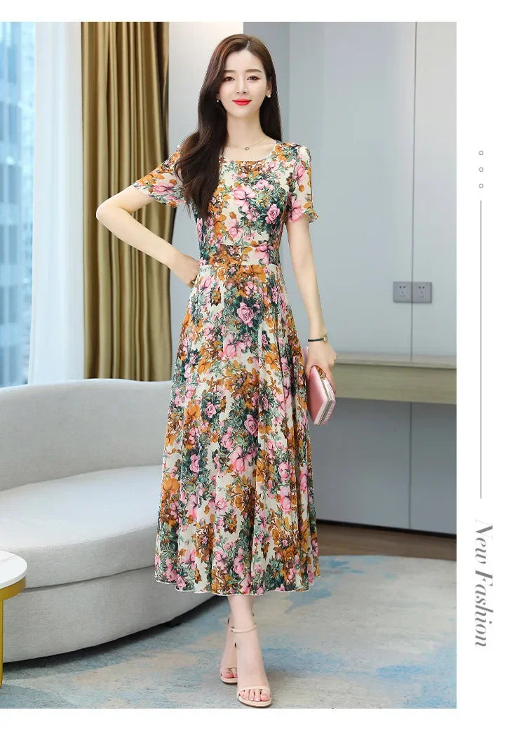 Fashionable Stylish 2023 Summer Short Sleeve Fragmented Flower Dress Women's Round Neck Waist-fitted Slimming Long Skirt
