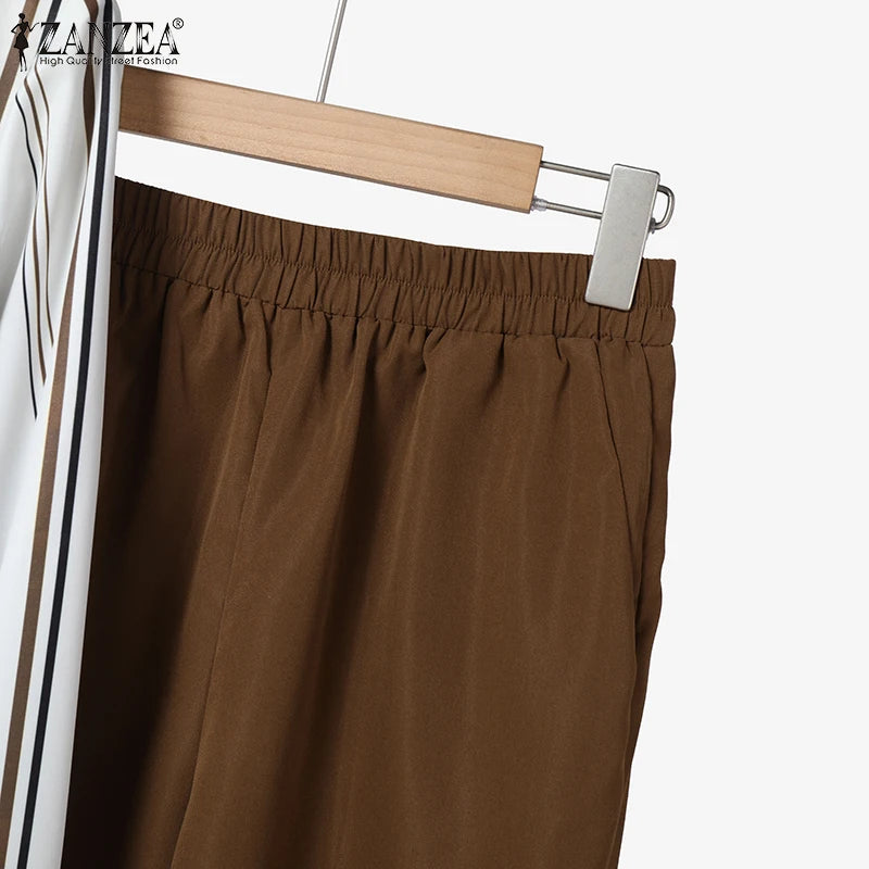 2026 ZANZEA Women Striped Elegant Sets Autumn Two-piece Suits Outfits Casual Lapel Neck Long Shirts Elastic Waist Pants Sets