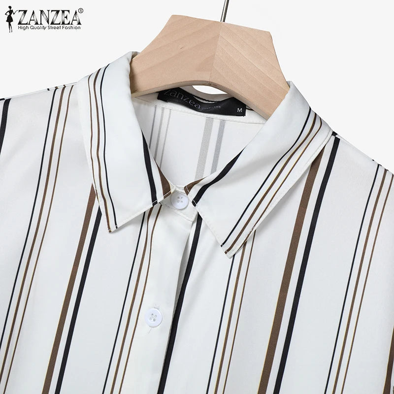 2026 ZANZEA Women Striped Elegant Sets Autumn Two-piece Suits Outfits Casual Lapel Neck Long Shirts Elastic Waist Pants Sets