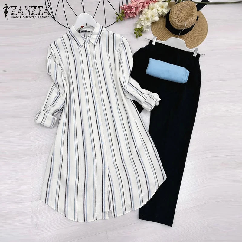 2026 ZANZEA Women Striped Elegant Sets Autumn Two-piece Suits Outfits Casual Lapel Neck Long Shirts Elastic Waist Pants Sets