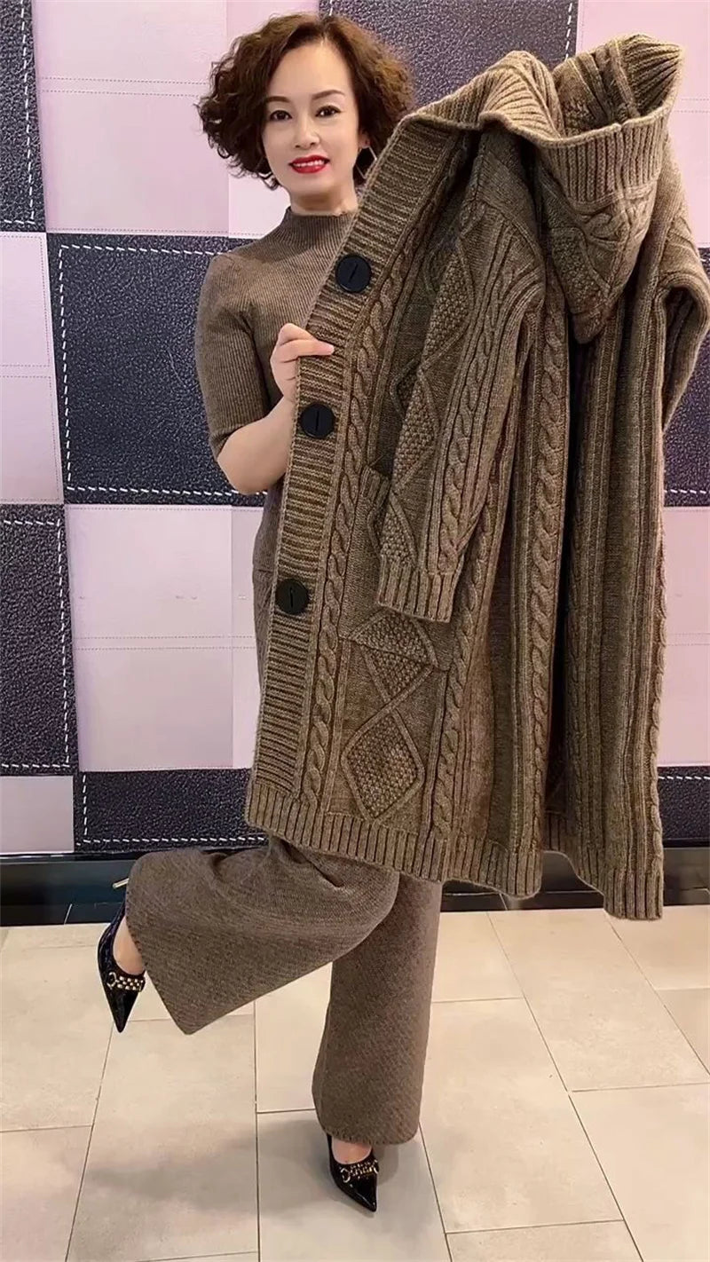 Spring Autumn 2024 New Jacquard Twists Cardigan Sweater Large Size Women Long Hooded Single