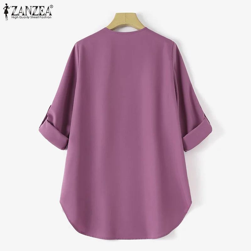 2026 ZANZEA Autumn Shirt Fashion Women O Neck Long Sleeve Tops Muslim Hijab Blouse Elegant Abaya Turkey Kaftan Isamic Clothing