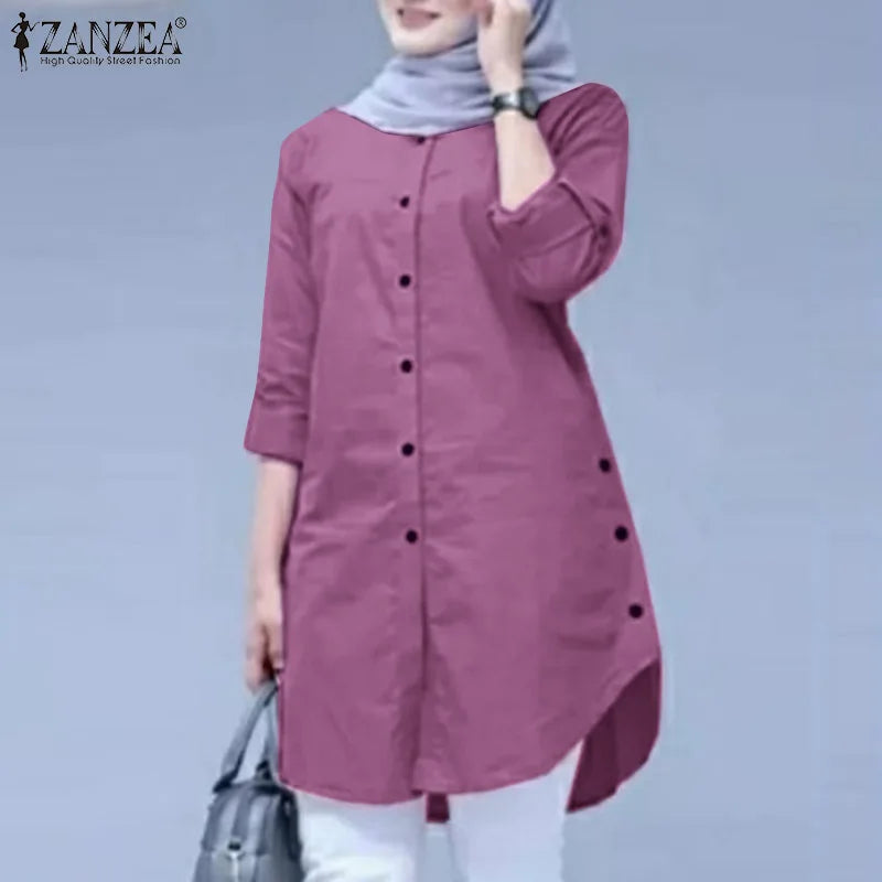 2026 ZANZEA Autumn Shirt Fashion Women O Neck Long Sleeve Tops Muslim Hijab Blouse Elegant Abaya Turkey Kaftan Isamic Clothing