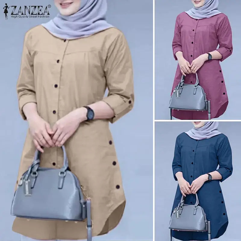 2026 ZANZEA Autumn Shirt Fashion Women O Neck Long Sleeve Tops Muslim Hijab Blouse Elegant Abaya Turkey Kaftan Isamic Clothing