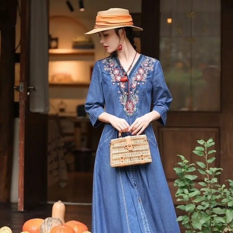 2026 autumn national style embroideried v-neck dress temperament slim fitting denim dress elegant exquisite chinese retro robe