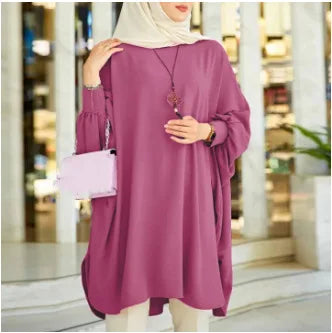 2026 Women's Muslim Blouses Elegant Solid Loose Casual O-neck Lantern Sleeve Pullover Tunic Tops Ramadan Abayas Blusas Mujer New