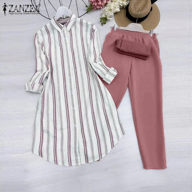 2026 ZANZEA Women Striped Elegant Sets Autumn Two-piece Suits Outfits Casual Lapel Neck Long Shirts Elastic Waist Pants Sets