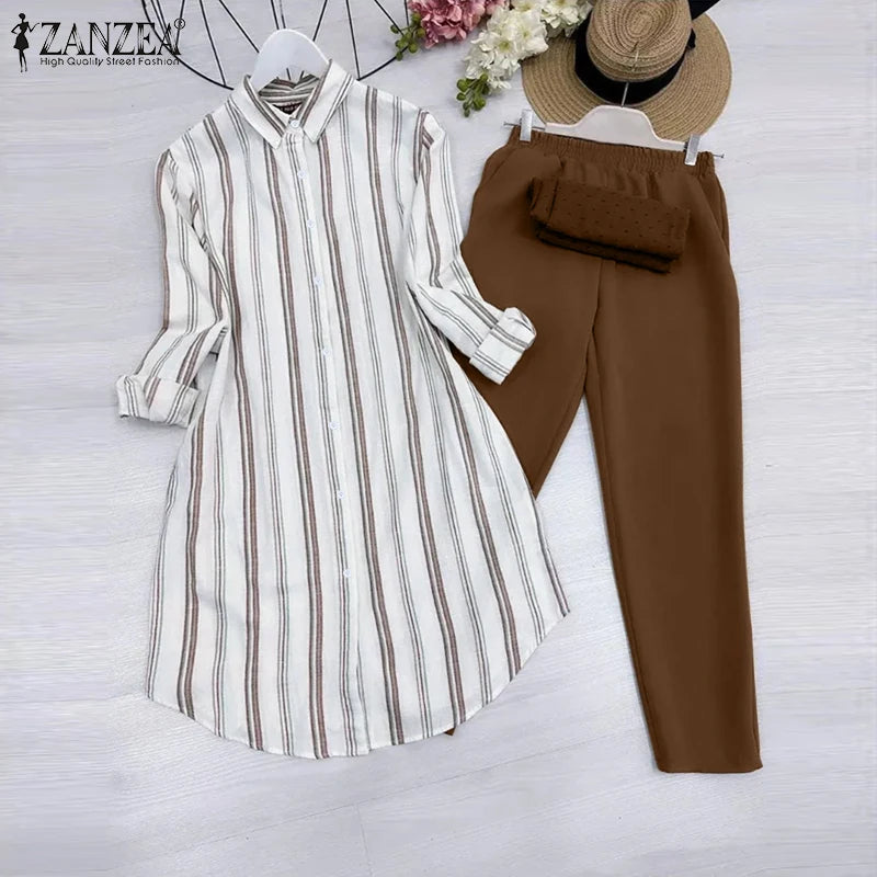 2026 ZANZEA Women Striped Elegant Sets Autumn Two-piece Suits Outfits Casual Lapel Neck Long Shirts Elastic Waist Pants Sets