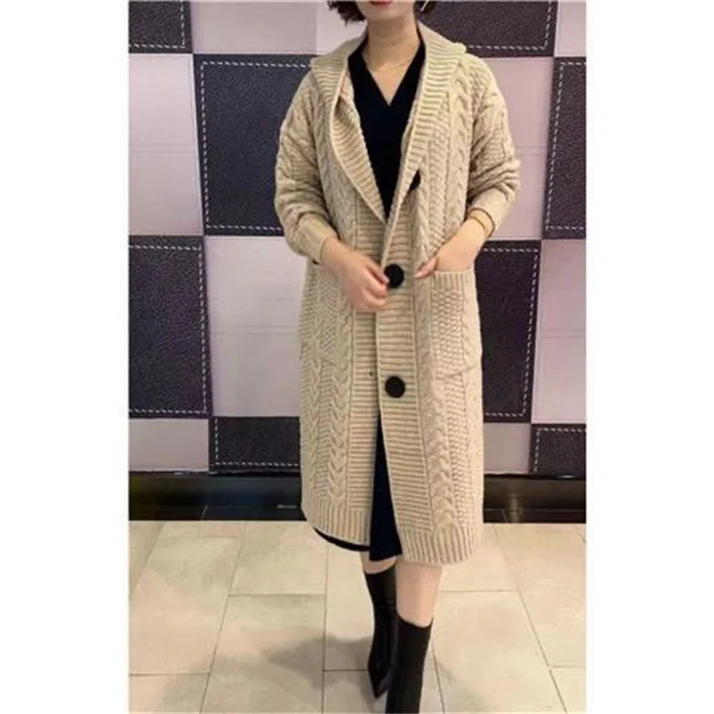 Spring Autumn 2024 New Jacquard Twists Cardigan Sweater Large Size Women Long Hooded Single